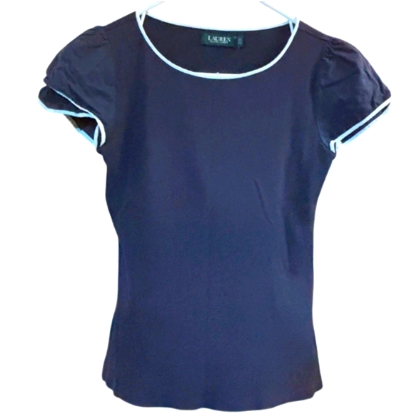Lauren Ralph Lauren Tops - Lauren Ralph Lauren | Ribbed Flutter Sleeve Top - Navy Blue/White Trim